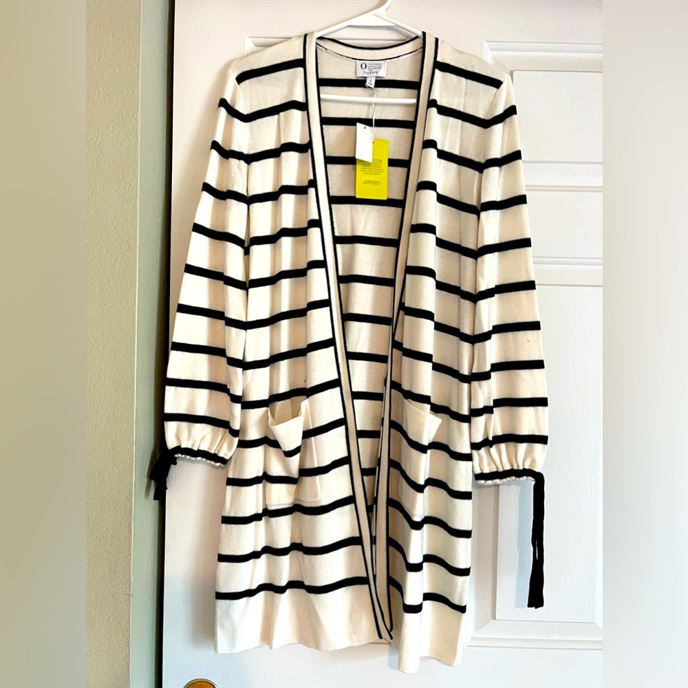 Oprah Magazine for Talbots knee-length striped cardigan w/ pockets & tie sleeves